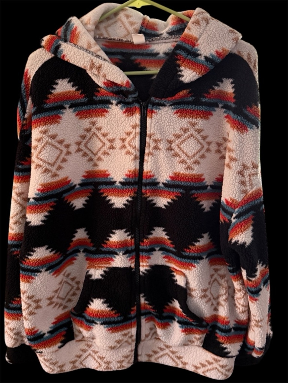 Source Unknown Hooded Sherpa Jacket - Black, Cream & Rust Aztec